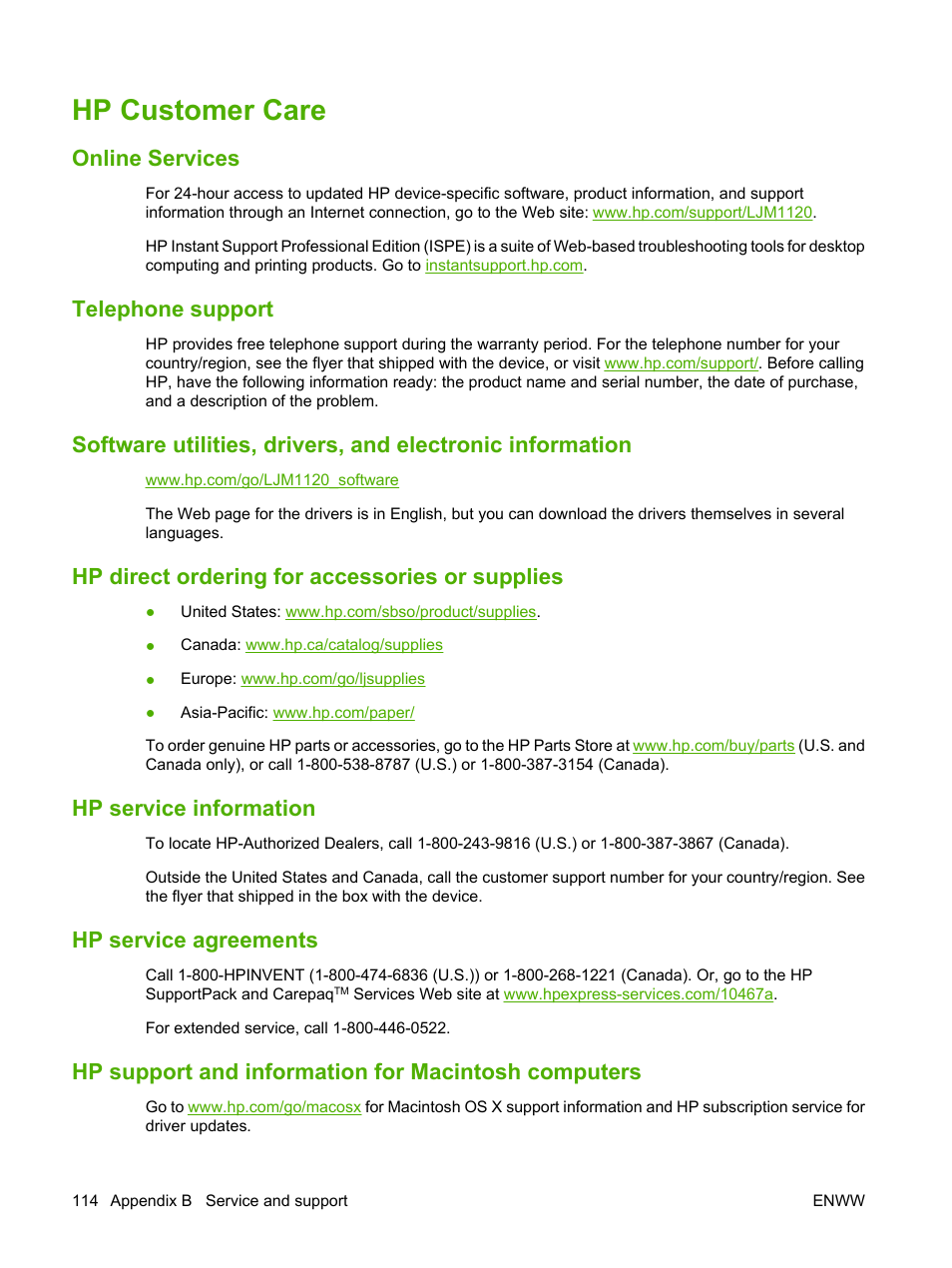 Hp customer care, Online services, Telephone support | Hp direct ordering for accessories or supplies, Hp service information, Hp service agreements, Hp support and information for macintosh computers, Online services telephone support | HP LaserJet M1120 Multifunction Printer User Manual | Page 124 / 150