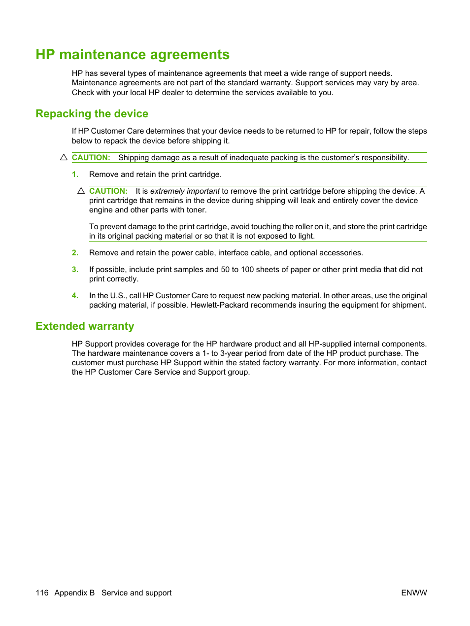 Hp maintenance agreements, Repacking the device, Extended warranty | Repacking the device extended warranty | HP LaserJet M1120 Multifunction Printer User Manual | Page 126 / 150