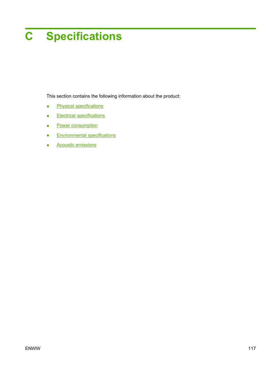 Specifications, Appendix c specifications, Cspecifications | HP LaserJet M1120 Multifunction Printer User Manual | Page 127 / 150