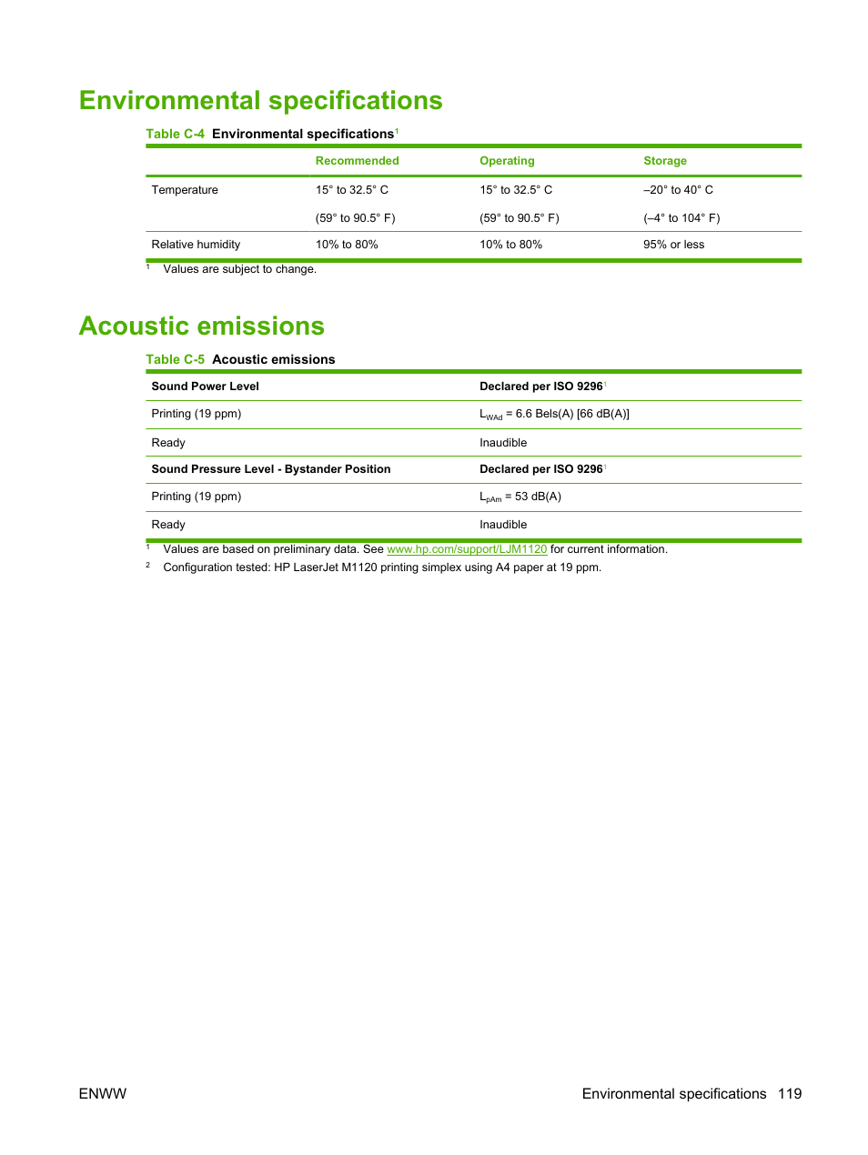 Environmental specifications, Acoustic emissions, Environmental specifications acoustic emissions | Enww environmental specifications 119 | HP LaserJet M1120 Multifunction Printer User Manual | Page 129 / 150
