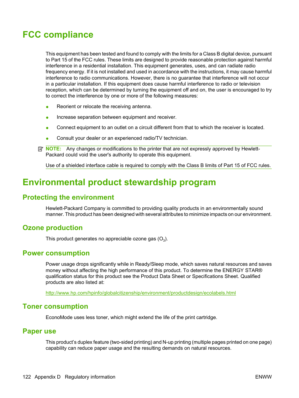 Fcc compliance, Environmental product stewardship program, Protecting the environment | Ozone production, Power consumption, Toner consumption, Paper use | HP LaserJet M1120 Multifunction Printer User Manual | Page 132 / 150