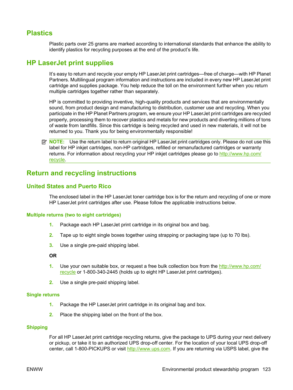 Plastics, Hp laserjet print supplies, Return and recycling instructions | United states and puerto rico, Multiple returns (two to eight cartridges), Single returns, Shipping | HP LaserJet M1120 Multifunction Printer User Manual | Page 133 / 150