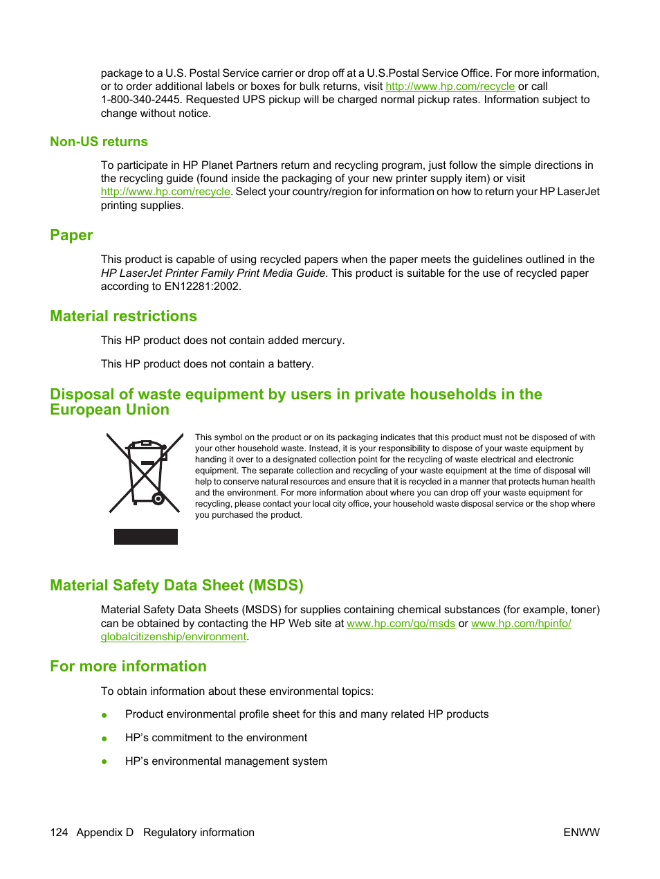Non-us returns, Paper, Material restrictions | Material safety data sheet (msds), For more information | HP LaserJet M1120 Multifunction Printer User Manual | Page 134 / 150