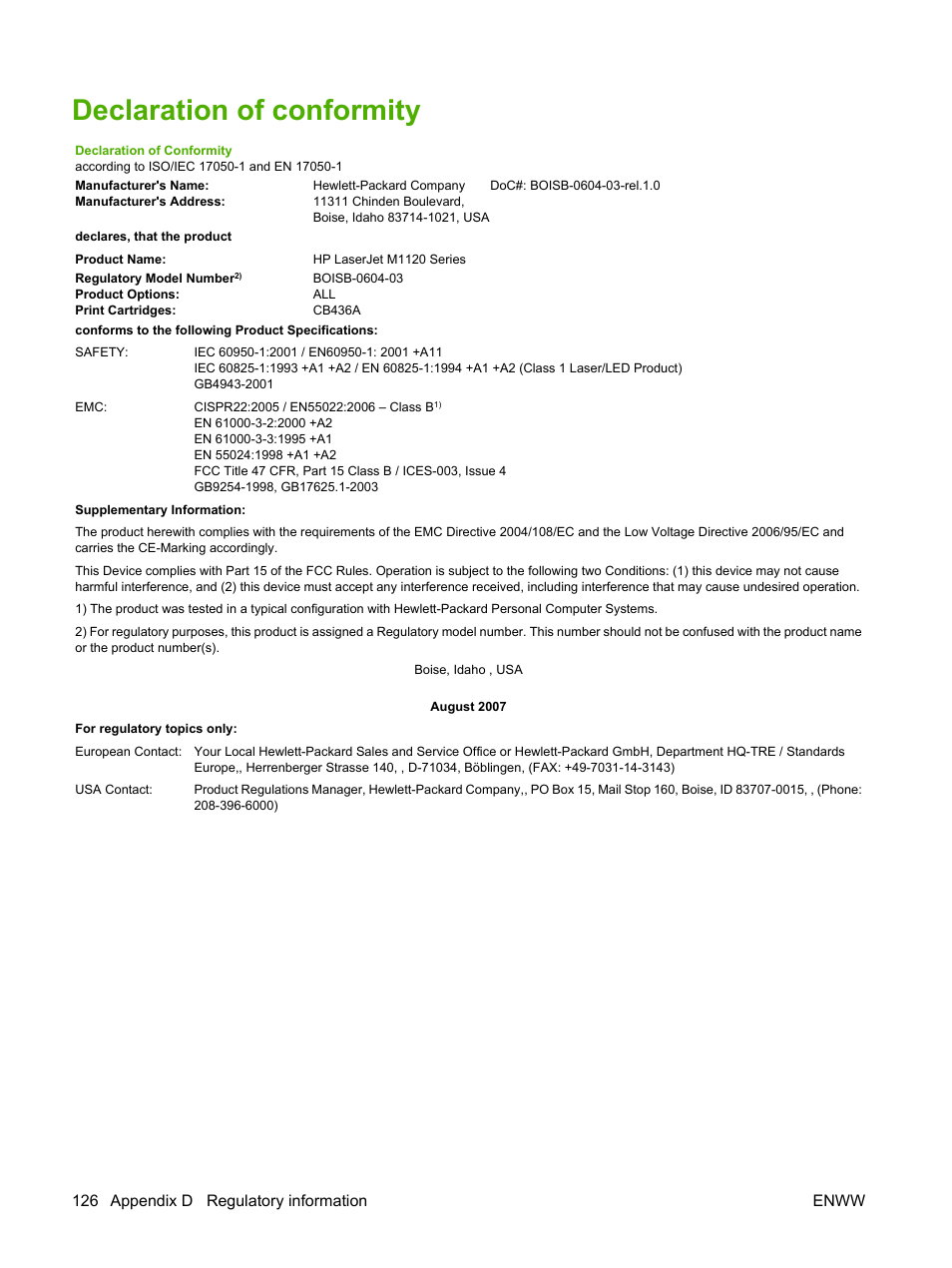 Declaration of conformity, 126 appendix d regulatory information enww | HP LaserJet M1120 Multifunction Printer User Manual | Page 136 / 150