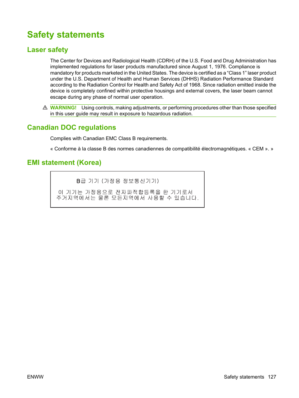 Safety statements, Laser safety, Canadian doc regulations | Emi statement (korea) | HP LaserJet M1120 Multifunction Printer User Manual | Page 137 / 150