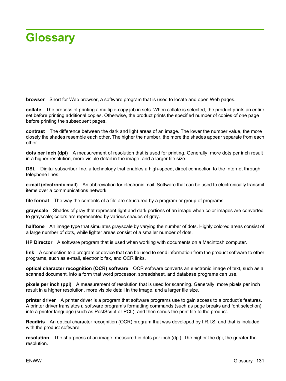 Glossary | HP LaserJet M1120 Multifunction Printer User Manual | Page 141 / 150
