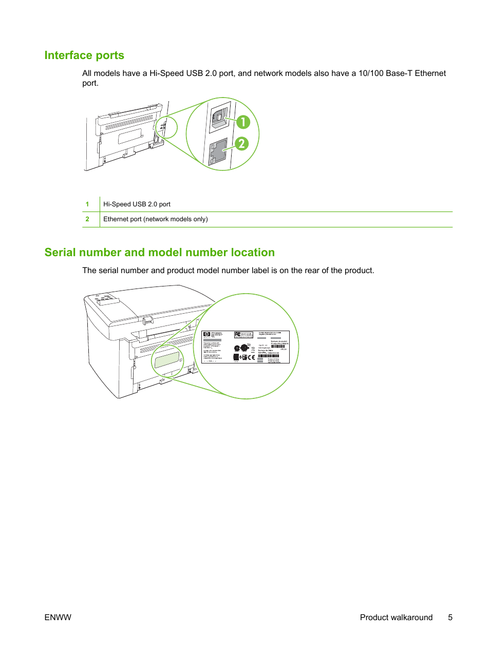 Interface ports, Serial number and model number location | HP LaserJet M1120 Multifunction Printer User Manual | Page 15 / 150