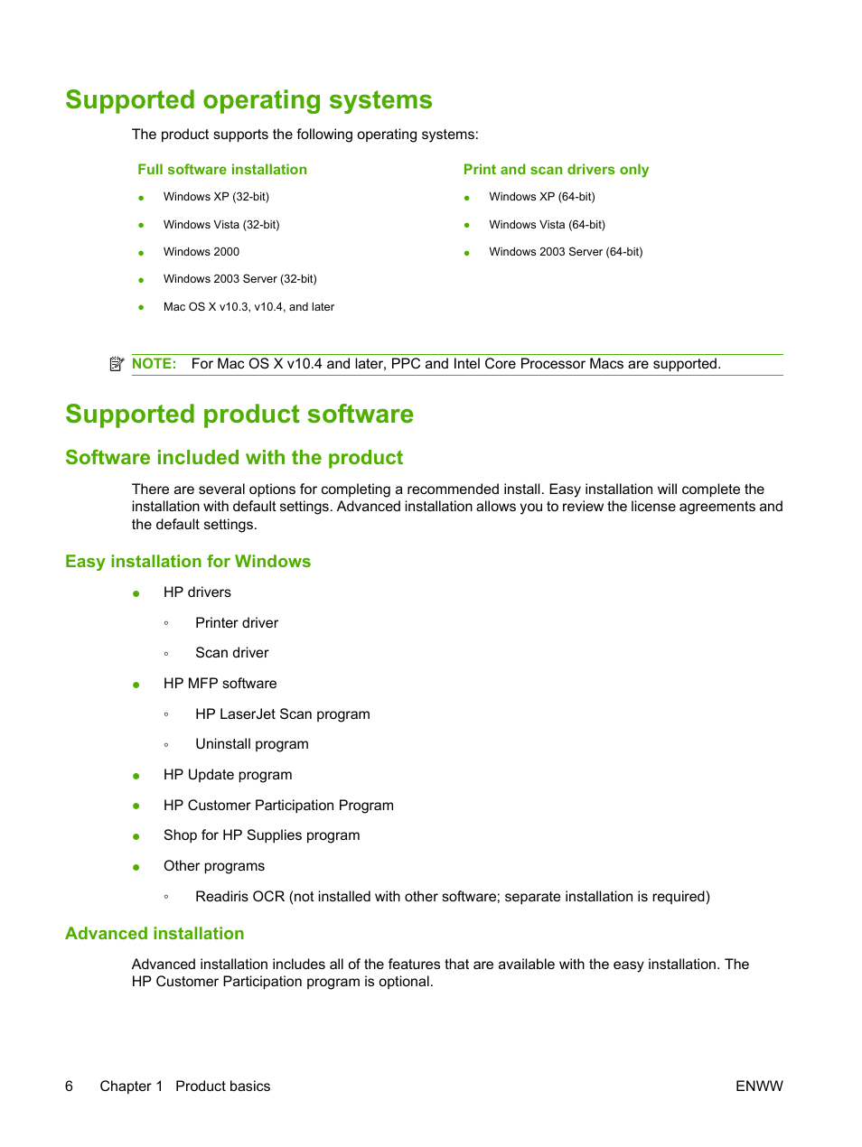 Supported operating systems, Supported product software, Software included with the product | Easy installation for windows, Advanced installation | HP LaserJet M1120 Multifunction Printer User Manual | Page 16 / 150