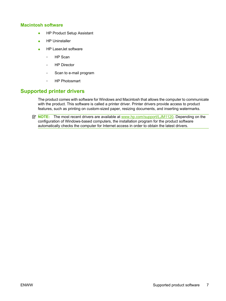 Macintosh software, Supported printer drivers | HP LaserJet M1120 Multifunction Printer User Manual | Page 17 / 150