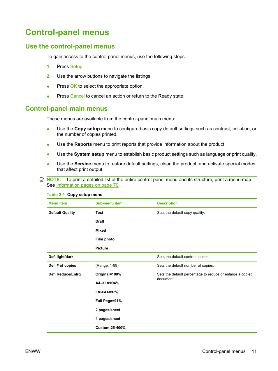 Control-panel menus, Use the control-panel menus, Control-panel main menus | HP LaserJet M1120 Multifunction Printer User Manual | Page 21 / 150