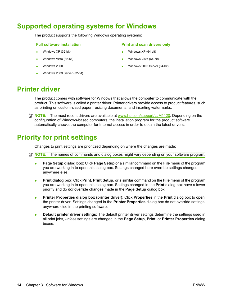 Supported operating systems for windows, Printer driver, Priority for print settings | HP LaserJet M1120 Multifunction Printer User Manual | Page 24 / 150