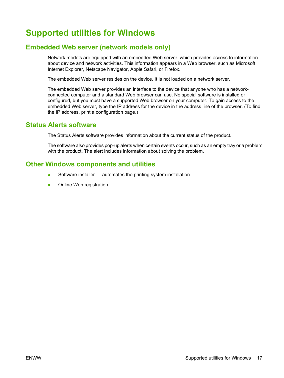 Supported utilities for windows, Embedded web server (network models only), Status alerts software | Other windows components and utilities | HP LaserJet M1120 Multifunction Printer User Manual | Page 27 / 150