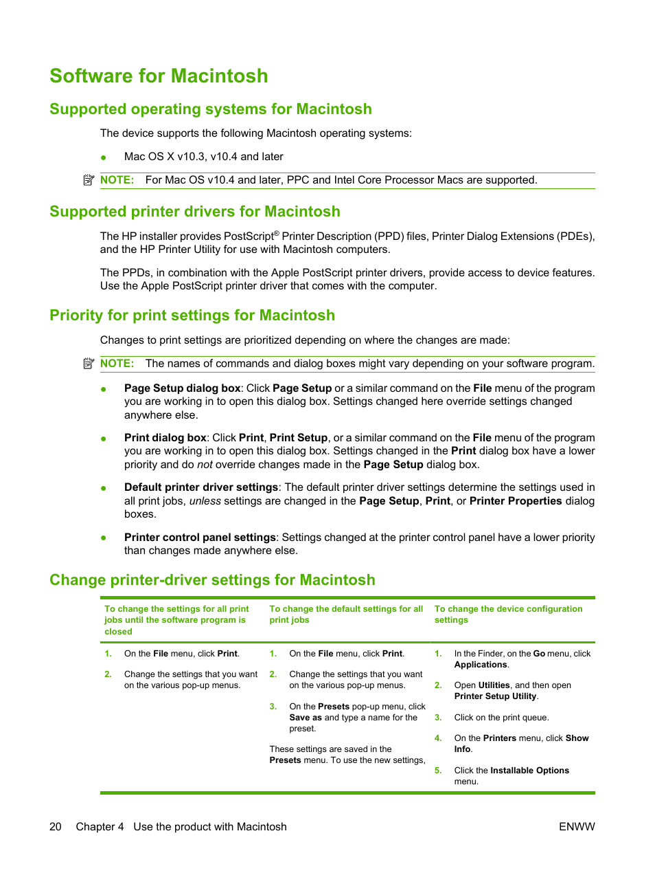 Software for macintosh, Supported operating systems for macintosh, Supported printer drivers for macintosh | Priority for print settings for macintosh, Change printer-driver settings for macintosh | HP LaserJet M1120 Multifunction Printer User Manual | Page 30 / 150