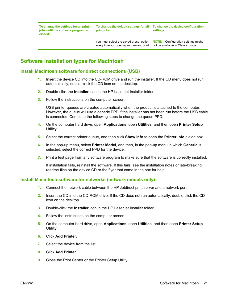 Software installation types for macintosh | HP LaserJet M1120 Multifunction Printer User Manual | Page 31 / 150