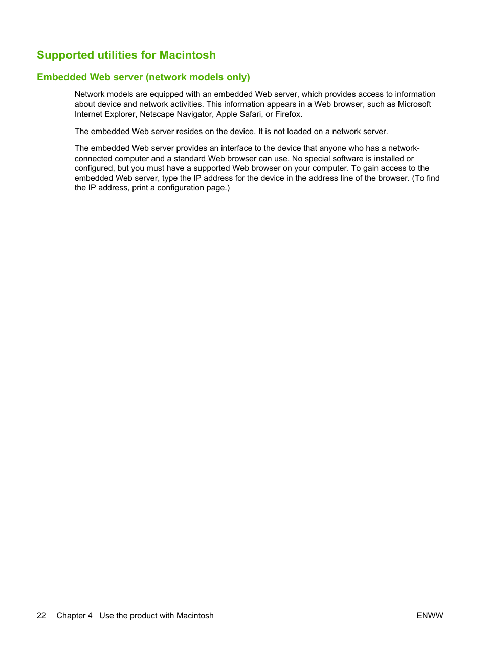 Supported utilities for macintosh, Embedded web server (network models only) | HP LaserJet M1120 Multifunction Printer User Manual | Page 32 / 150