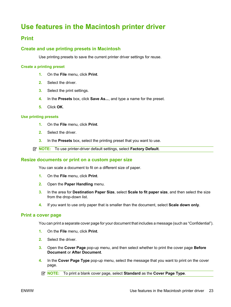 Use features in the macintosh printer driver, Print, Create and use printing presets in macintosh | Resize documents or print on a custom paper size | HP LaserJet M1120 Multifunction Printer User Manual | Page 33 / 150