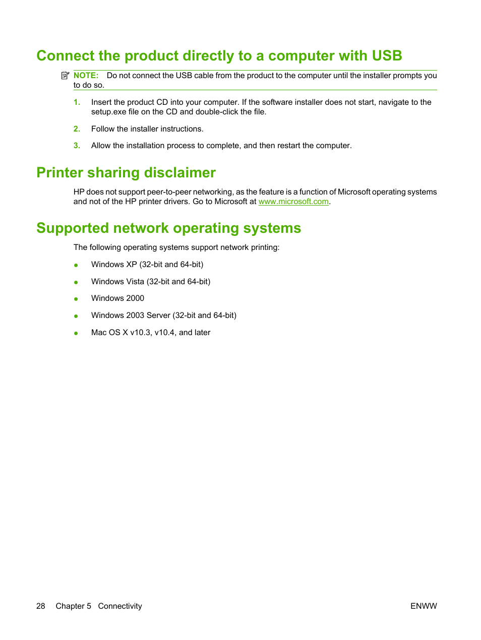 Printer sharing disclaimer, Supported network operating systems | HP LaserJet M1120 Multifunction Printer User Manual | Page 38 / 150