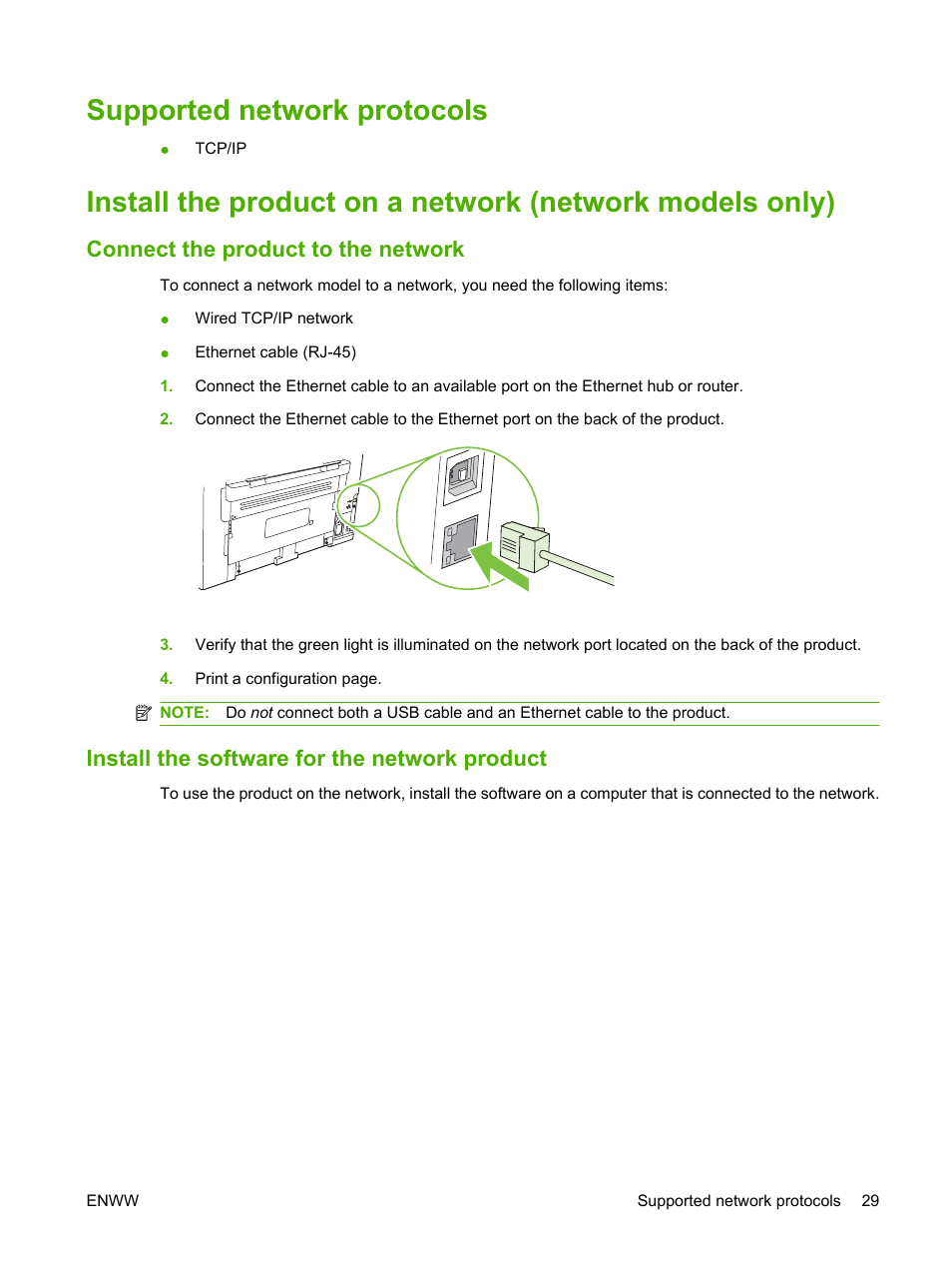 Supported network protocols, Connect the product to the network, Install the software for the network product | HP LaserJet M1120 Multifunction Printer User Manual | Page 39 / 150