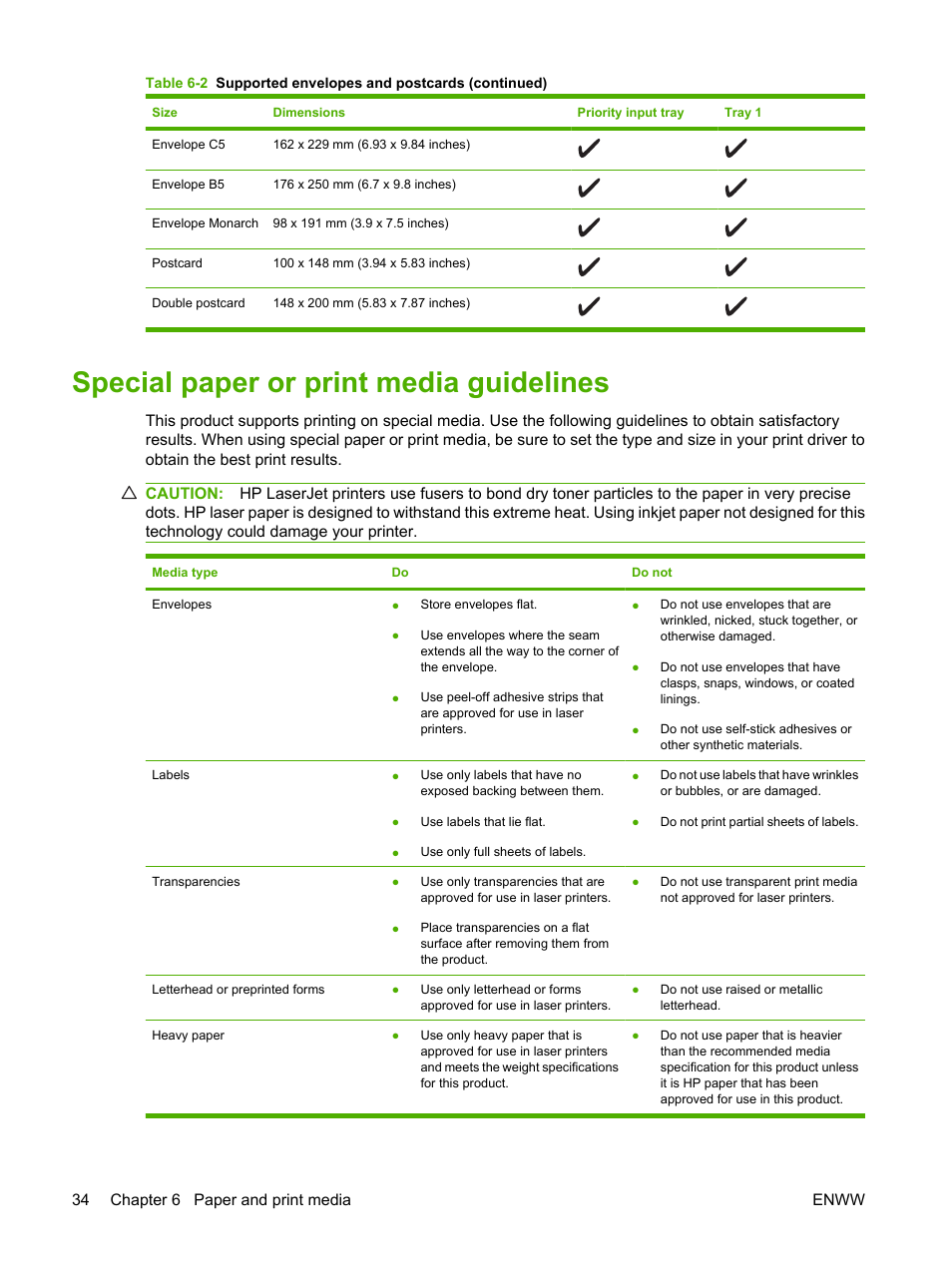 Special paper or print media guidelines | HP LaserJet M1120 Multifunction Printer User Manual | Page 44 / 150