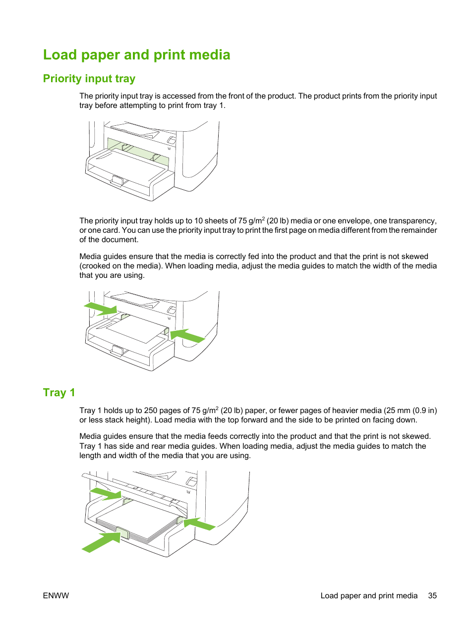 Load paper and print media, Priority input tray, Tray 1 | Priority input tray tray 1 | HP LaserJet M1120 Multifunction Printer User Manual | Page 45 / 150