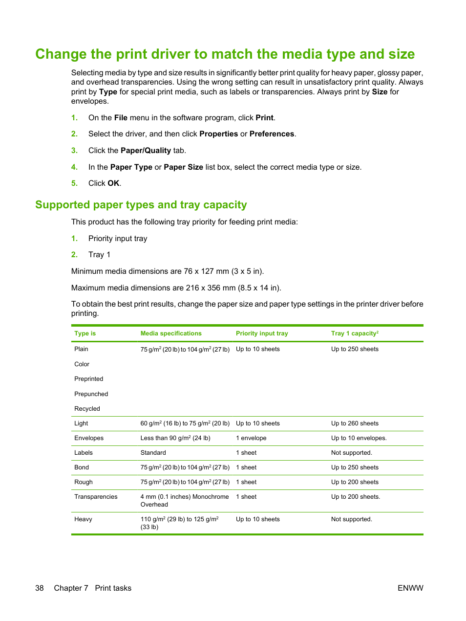 Supported paper types and tray capacity | HP LaserJet M1120 Multifunction Printer User Manual | Page 48 / 150