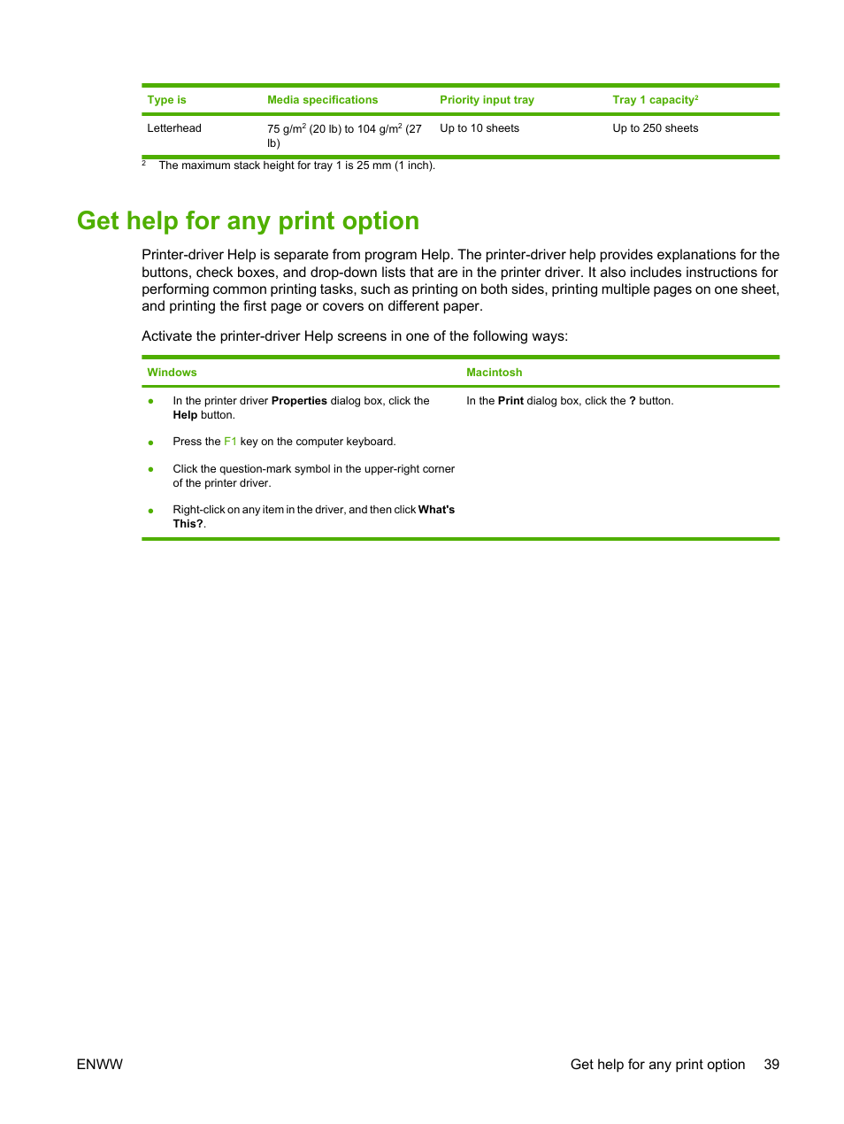 Get help for any print option, Enww get help for any print option 39 | HP LaserJet M1120 Multifunction Printer User Manual | Page 49 / 150