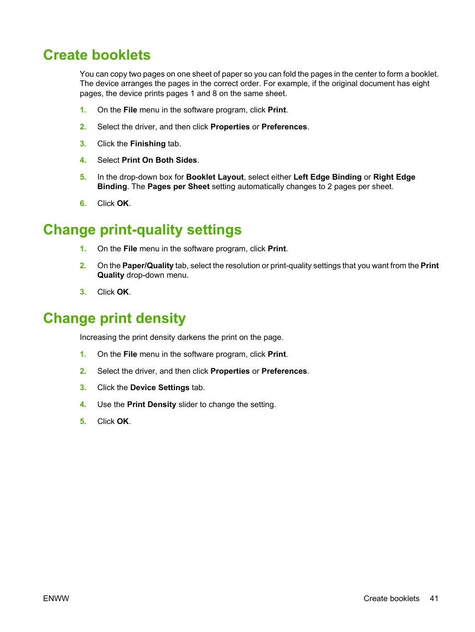 Create booklets, Change print-quality settings, Change print density | HP LaserJet M1120 Multifunction Printer User Manual | Page 51 / 150