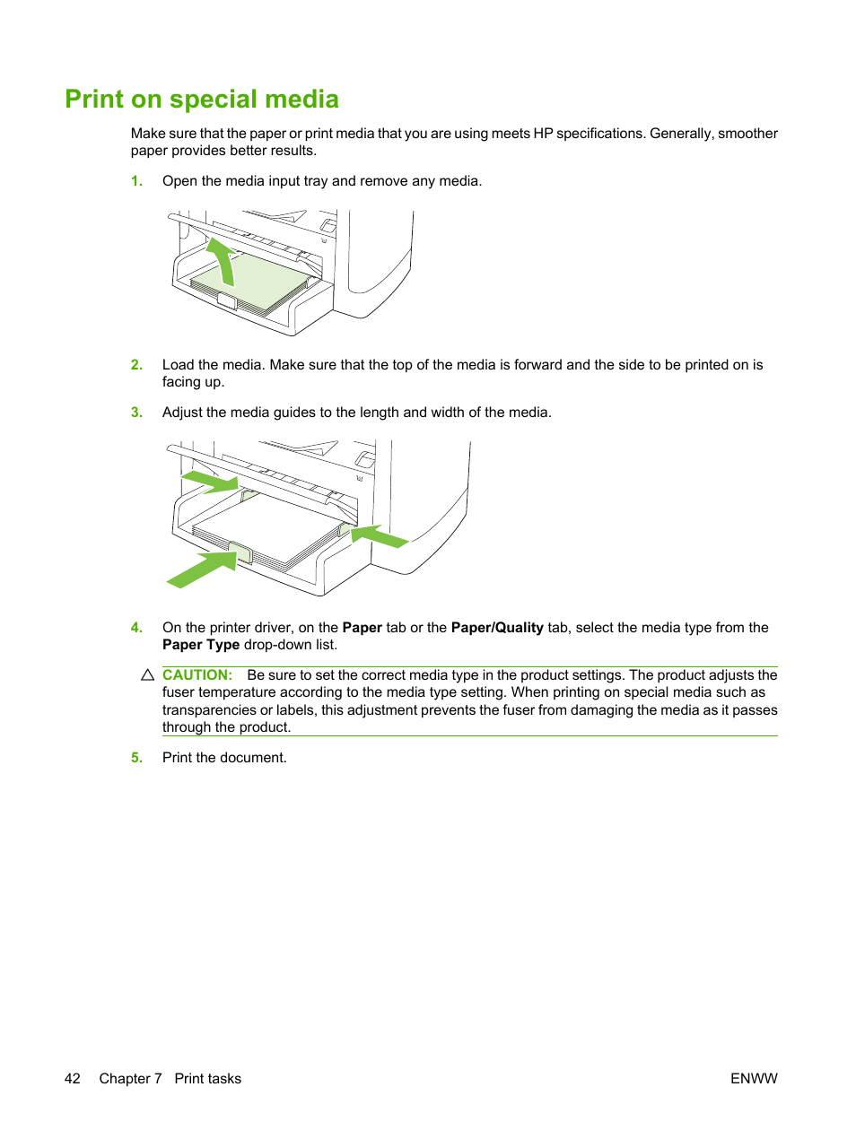 Print on special media | HP LaserJet M1120 Multifunction Printer User Manual | Page 52 / 150