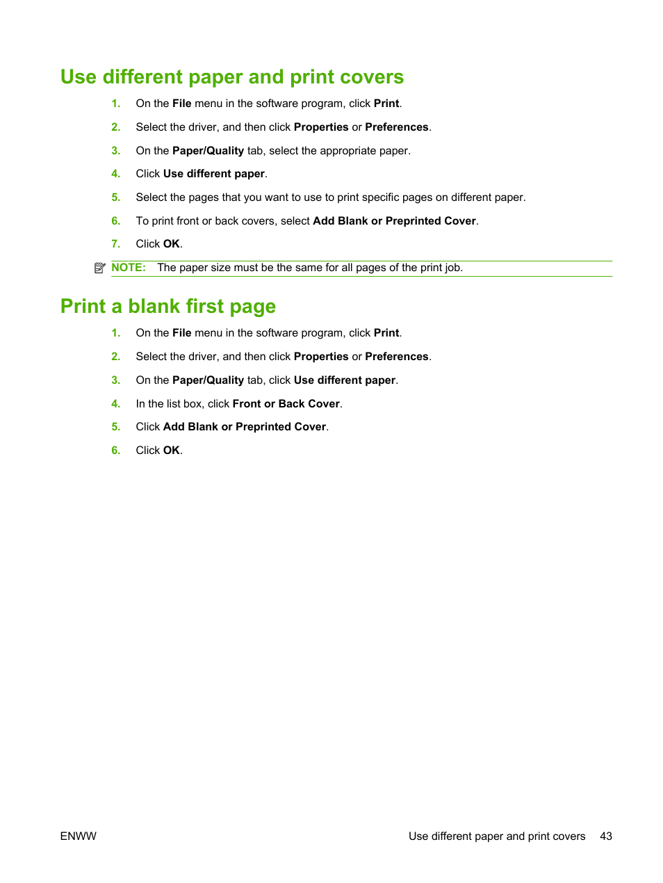 Use different paper and print covers, Print a blank first page | HP LaserJet M1120 Multifunction Printer User Manual | Page 53 / 150
