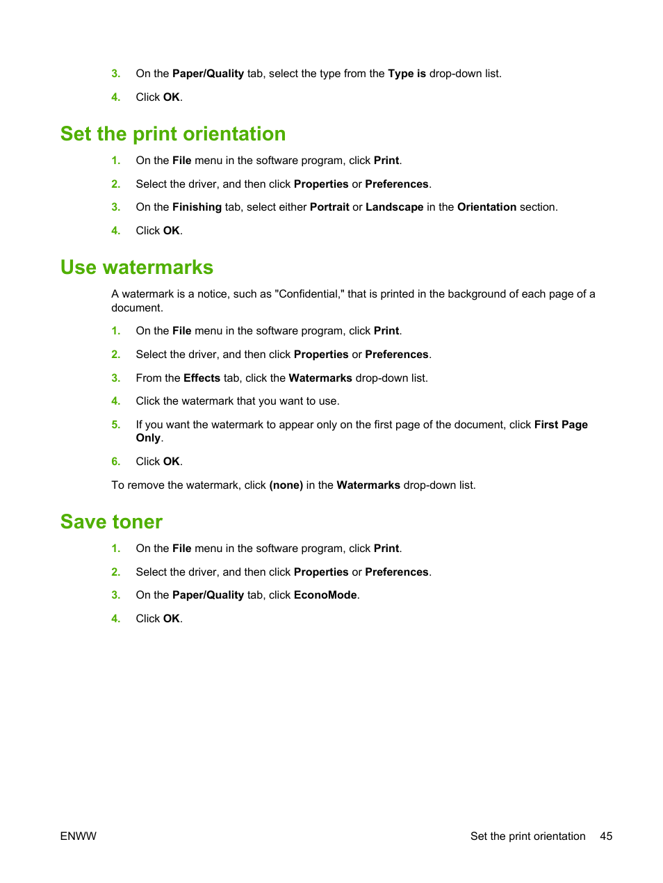Set the print orientation, Use watermarks, Save toner | HP LaserJet M1120 Multifunction Printer User Manual | Page 55 / 150