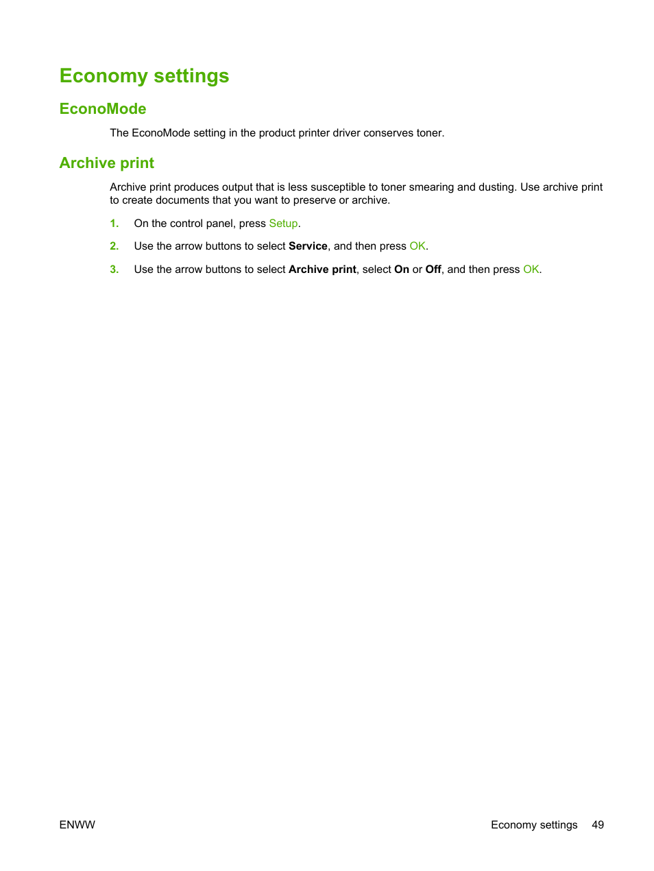 Economy settings, Economode, Archive print | Economode archive print | HP LaserJet M1120 Multifunction Printer User Manual | Page 59 / 150