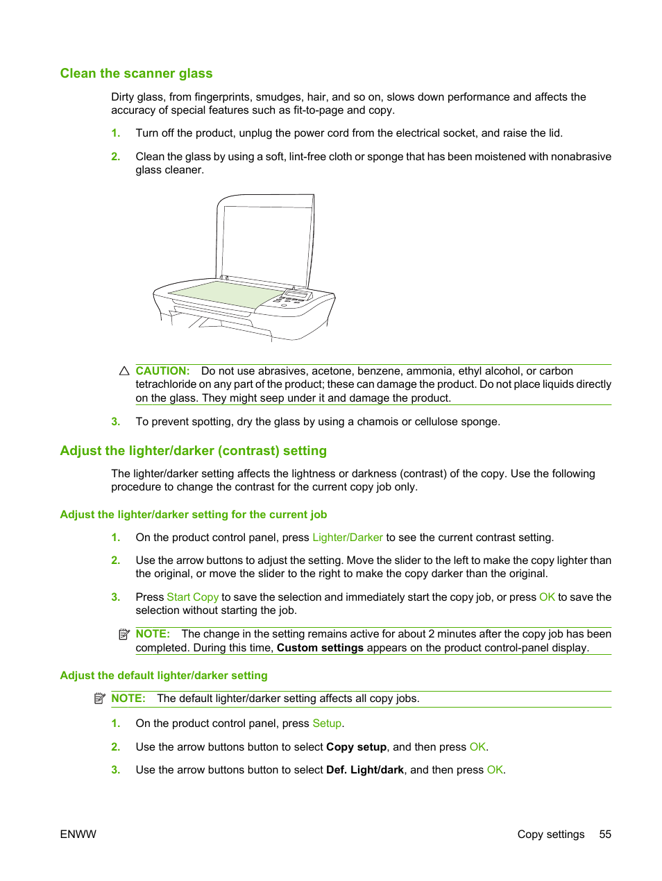 Clean the scanner glass, Adjust the lighter/darker (contrast) setting | HP LaserJet M1120 Multifunction Printer User Manual | Page 65 / 150