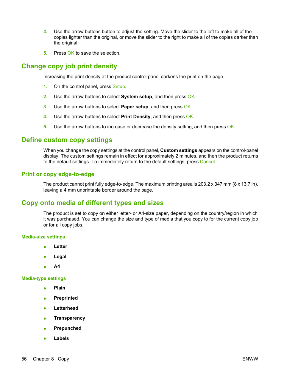 Change copy job print density, Define custom copy settings, Print or copy edge-to-edge | Copy onto media of different types and sizes | HP LaserJet M1120 Multifunction Printer User Manual | Page 66 / 150