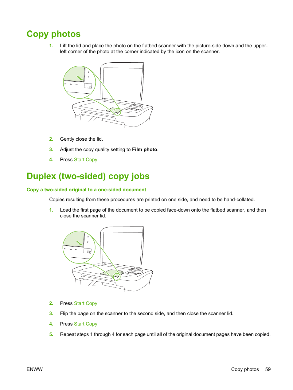 Copy photos, Duplex (two-sided) copy jobs, Copy photos duplex (two-sided) copy jobs | HP LaserJet M1120 Multifunction Printer User Manual | Page 69 / 150
