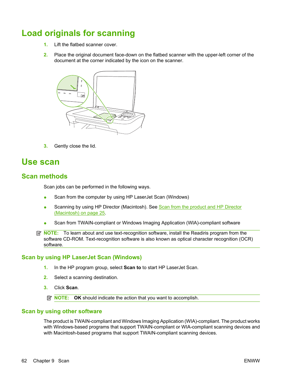 Load originals for scanning, Use scan, Scan methods | Scan by using hp laserjet scan (windows), Scan by using other software, Load originals for scanning use scan | HP LaserJet M1120 Multifunction Printer User Manual | Page 72 / 150