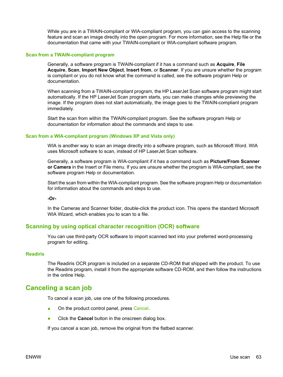 Scan from a twain-compliant program, Readiris, Canceling a scan job | HP LaserJet M1120 Multifunction Printer User Manual | Page 73 / 150