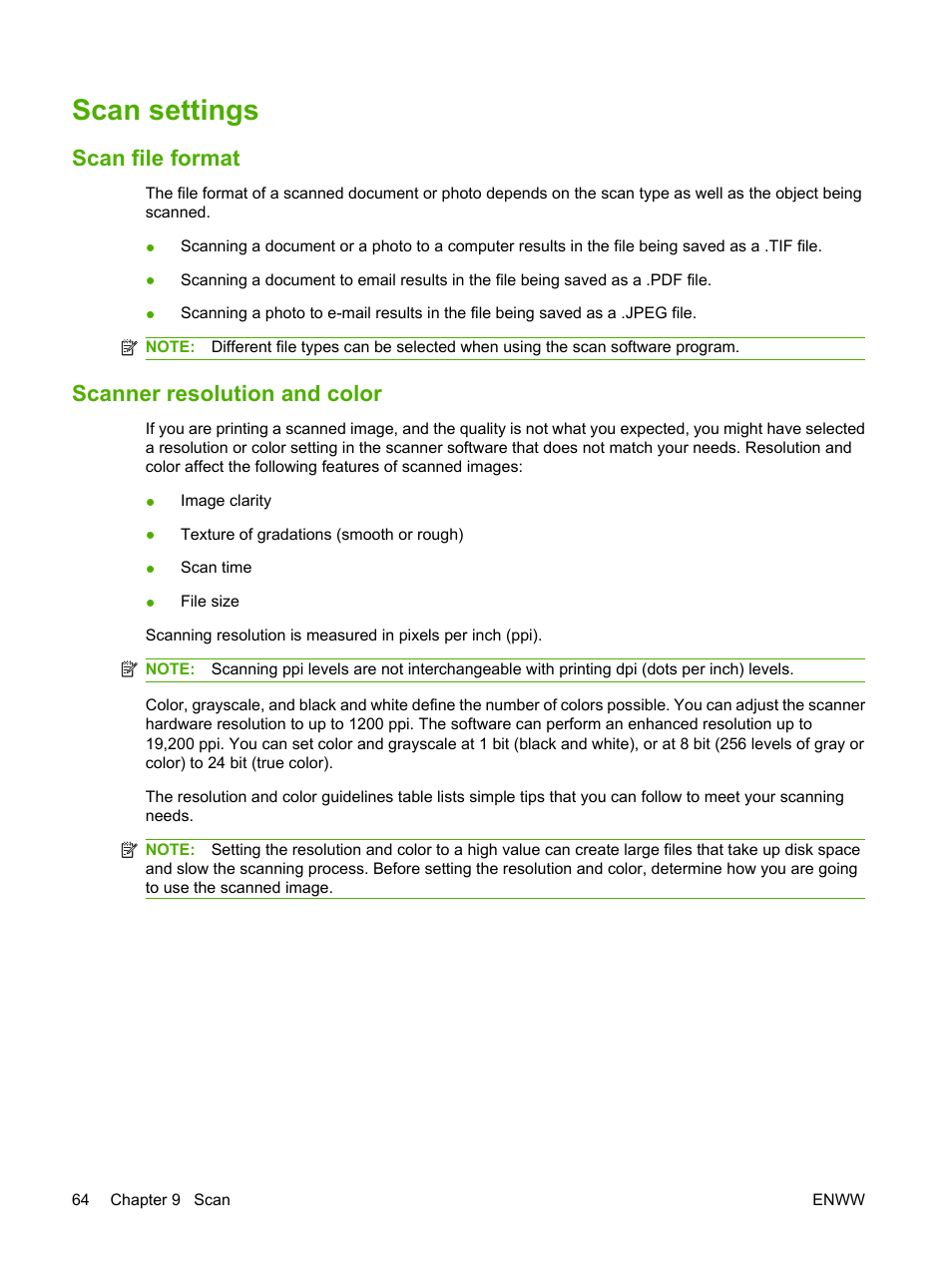 Scan settings, Scan file format, Scanner resolution and color | Scan file format scanner resolution and color | HP LaserJet M1120 Multifunction Printer User Manual | Page 74 / 150