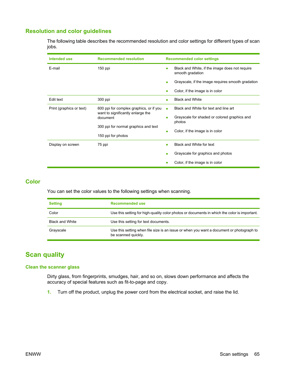 Resolution and color guidelines, Color, Scan quality | HP LaserJet M1120 Multifunction Printer User Manual | Page 75 / 150
