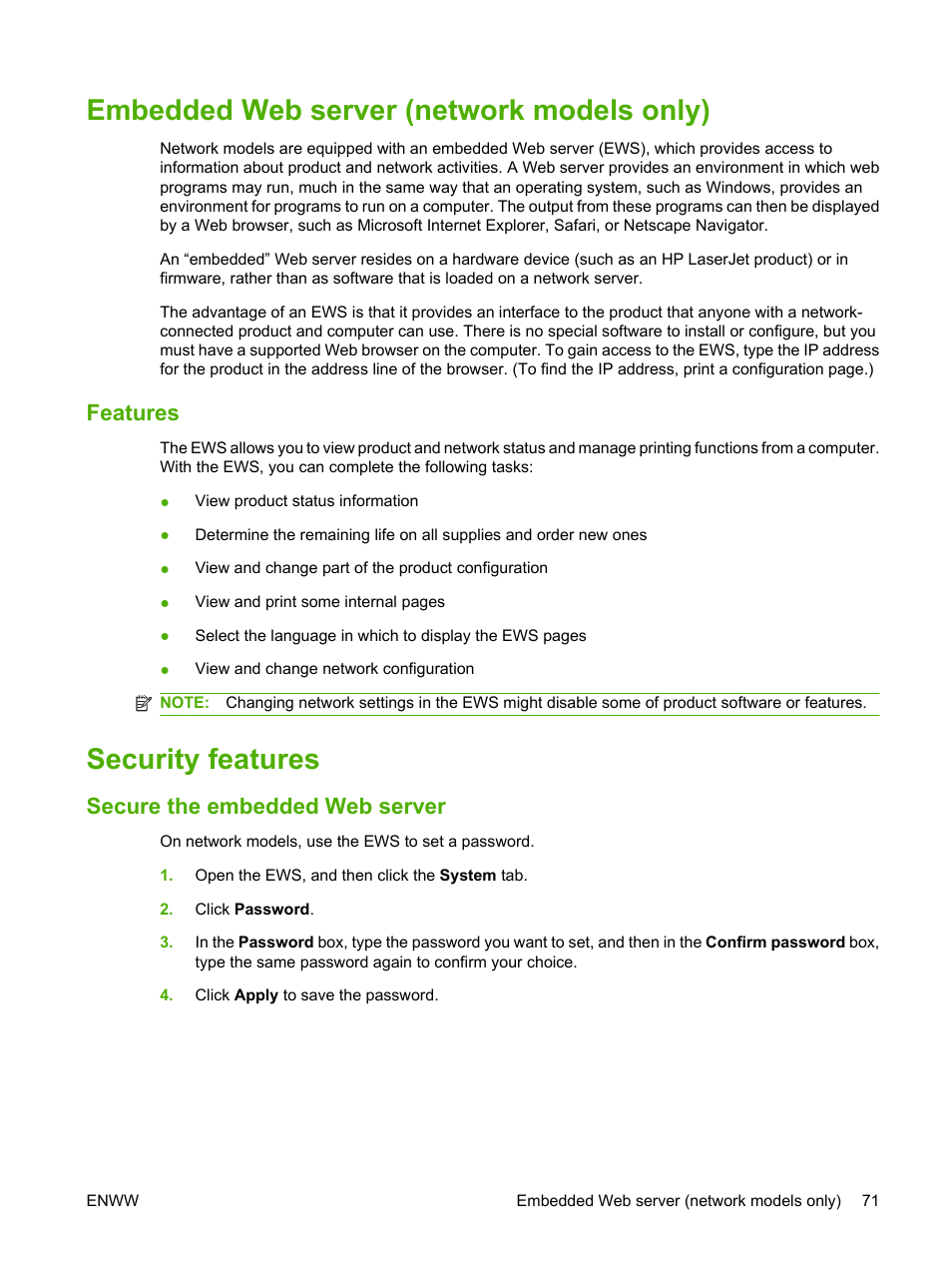 Embedded web server (network models only), Features, Security features | Secure the embedded web server | HP LaserJet M1120 Multifunction Printer User Manual | Page 81 / 150