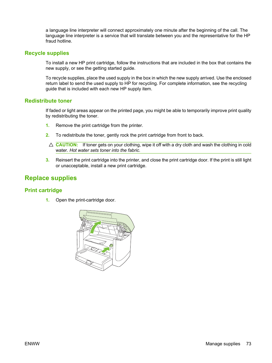 Recycle supplies, Redistribute toner, Replace supplies | Print cartridge | HP LaserJet M1120 Multifunction Printer User Manual | Page 83 / 150