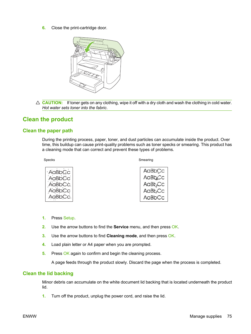 Clean the product, Clean the paper path, Clean the lid backing | HP LaserJet M1120 Multifunction Printer User Manual | Page 85 / 150