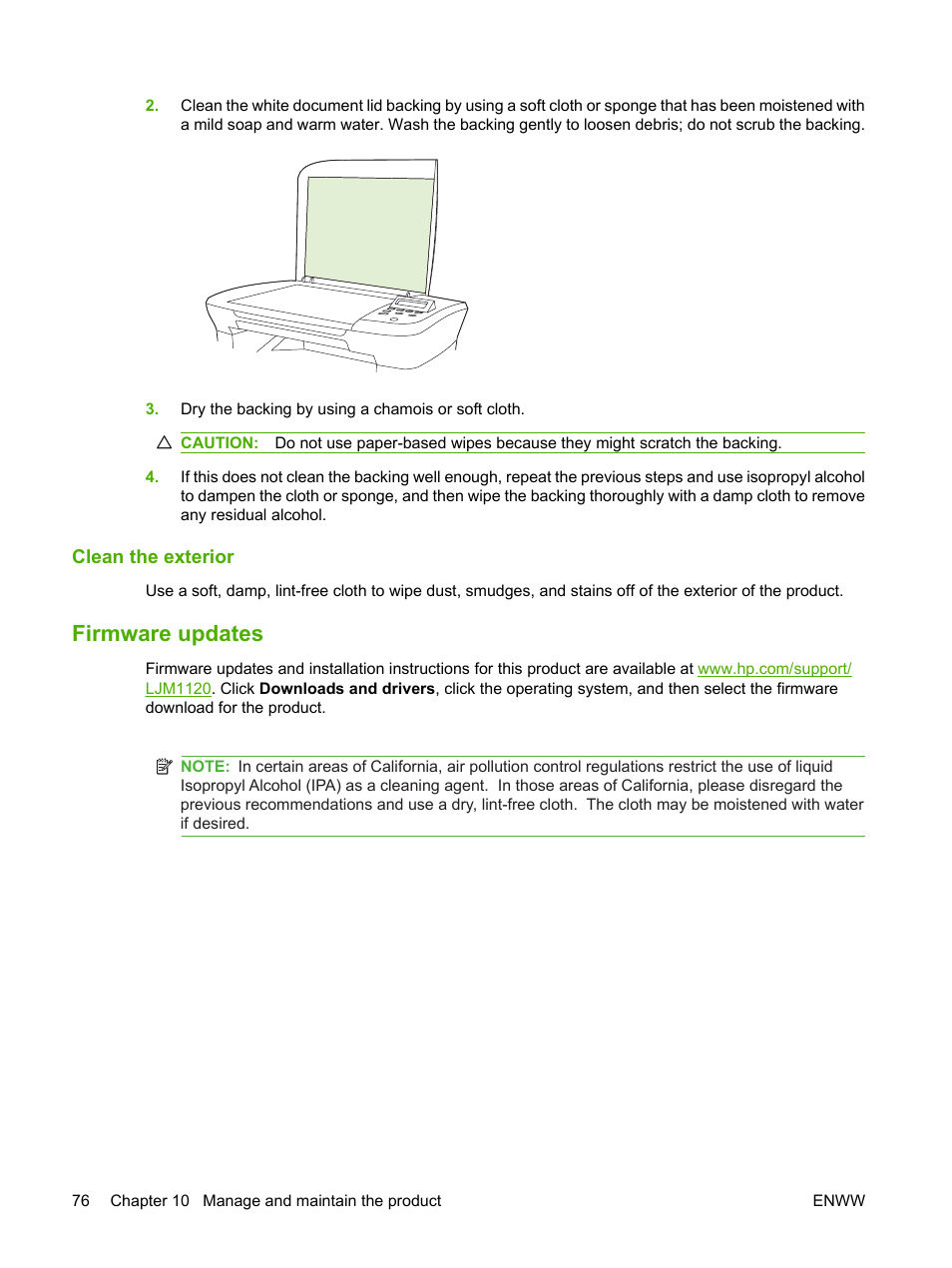Clean the exterior, Firmware updates | HP LaserJet M1120 Multifunction Printer User Manual | Page 86 / 150