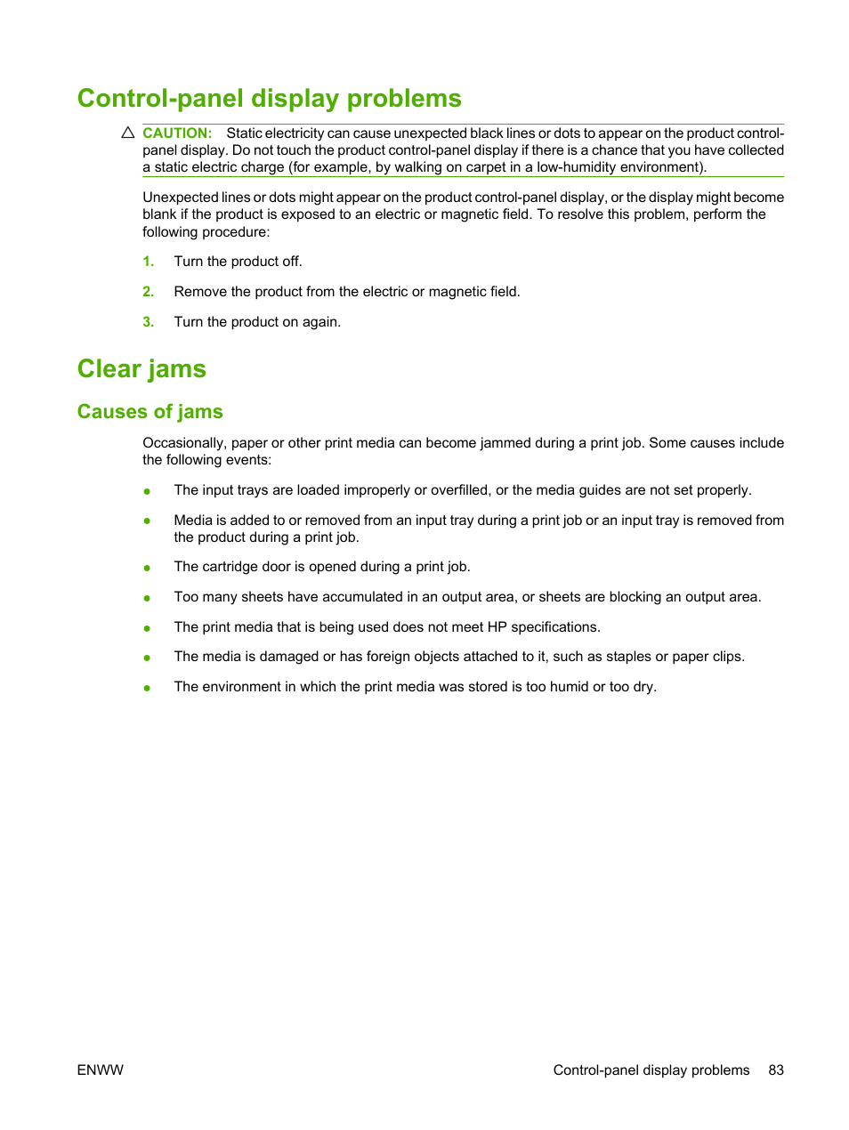 Control-panel display problems, Clear jams, Causes of jams | Control-panel display problems clear jams, Ctions. see | HP LaserJet M1120 Multifunction Printer User Manual | Page 93 / 150