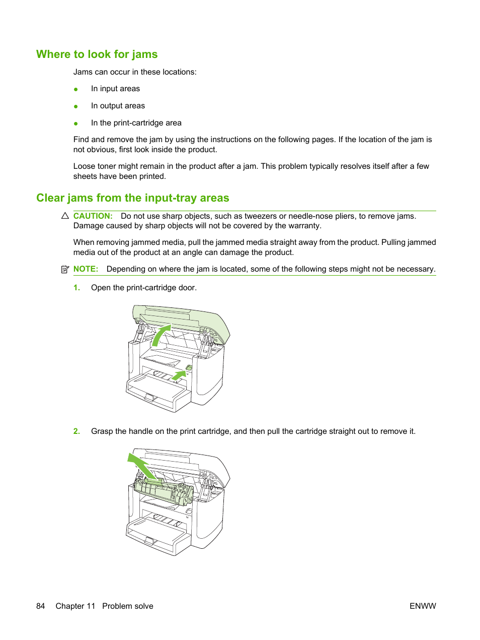 Where to look for jams, Clear jams from the input-tray areas | HP LaserJet M1120 Multifunction Printer User Manual | Page 94 / 150