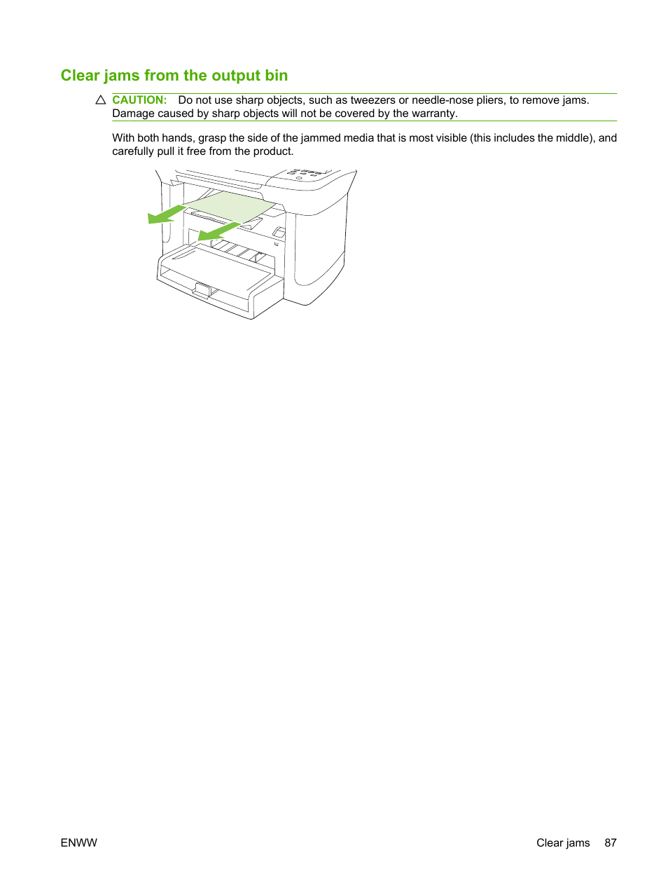 Clear jams from the output bin | HP LaserJet M1120 Multifunction Printer User Manual | Page 97 / 150