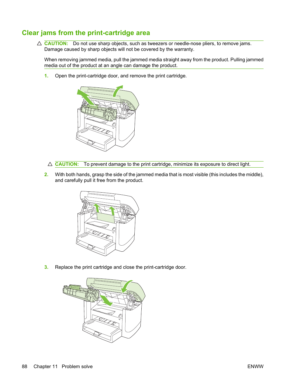 Clear jams from the print-cartridge area | HP LaserJet M1120 Multifunction Printer User Manual | Page 98 / 150