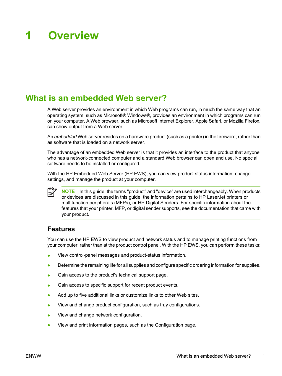 Overview, What is an embedded web server, Features | 1 overview, 1overview | HP LaserJet M4345 Multifunction Printer series User Manual | Page 11 / 102