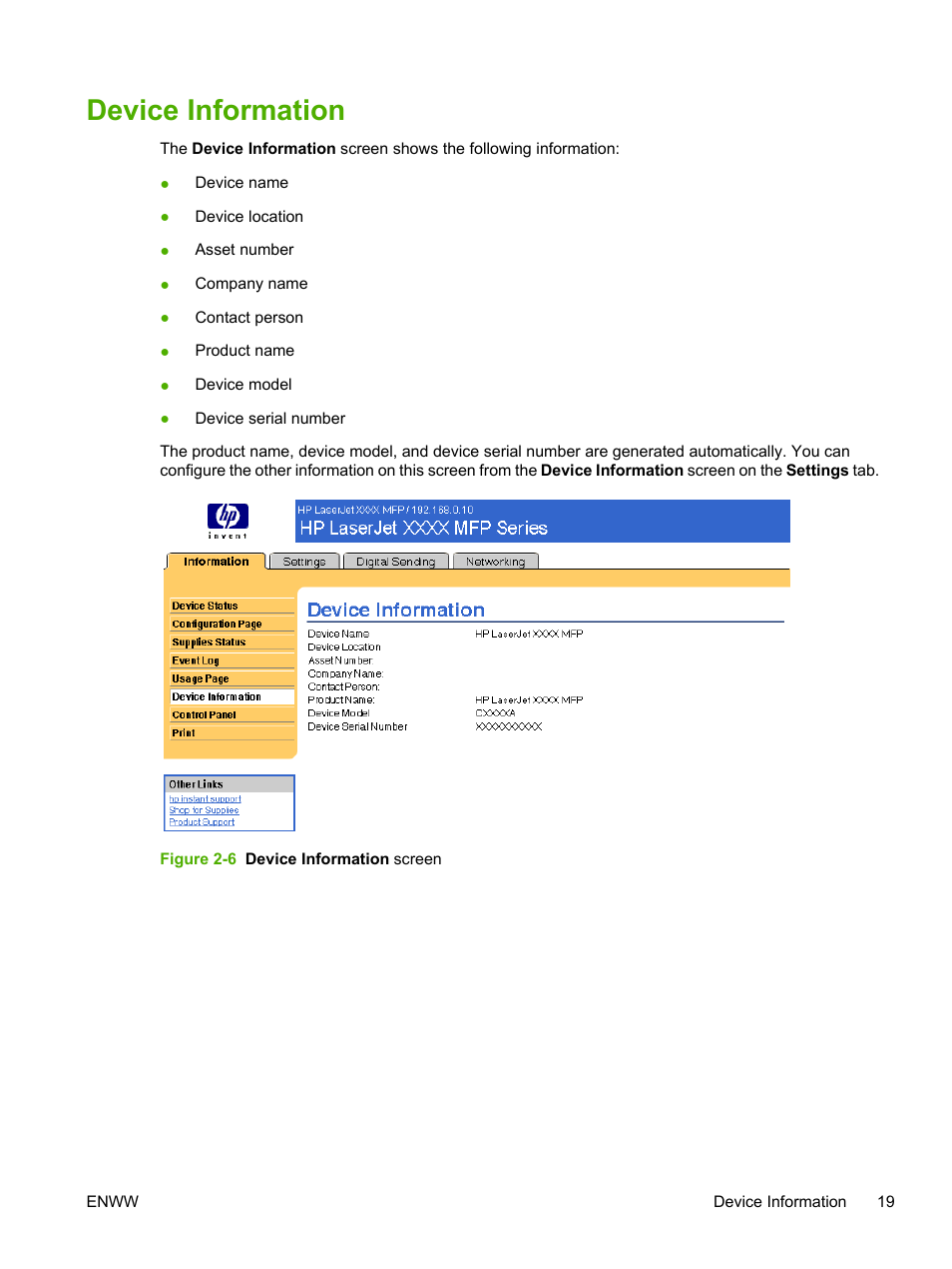 Device information, Figure 2-6 device information screen | HP LaserJet M4345 Multifunction Printer series User Manual | Page 29 / 102