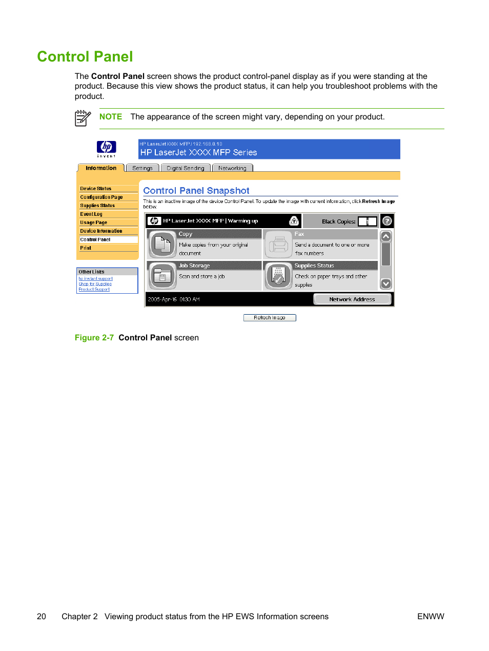 Control panel, Figure 2-7 control panel screen | HP LaserJet M4345 Multifunction Printer series User Manual | Page 30 / 102