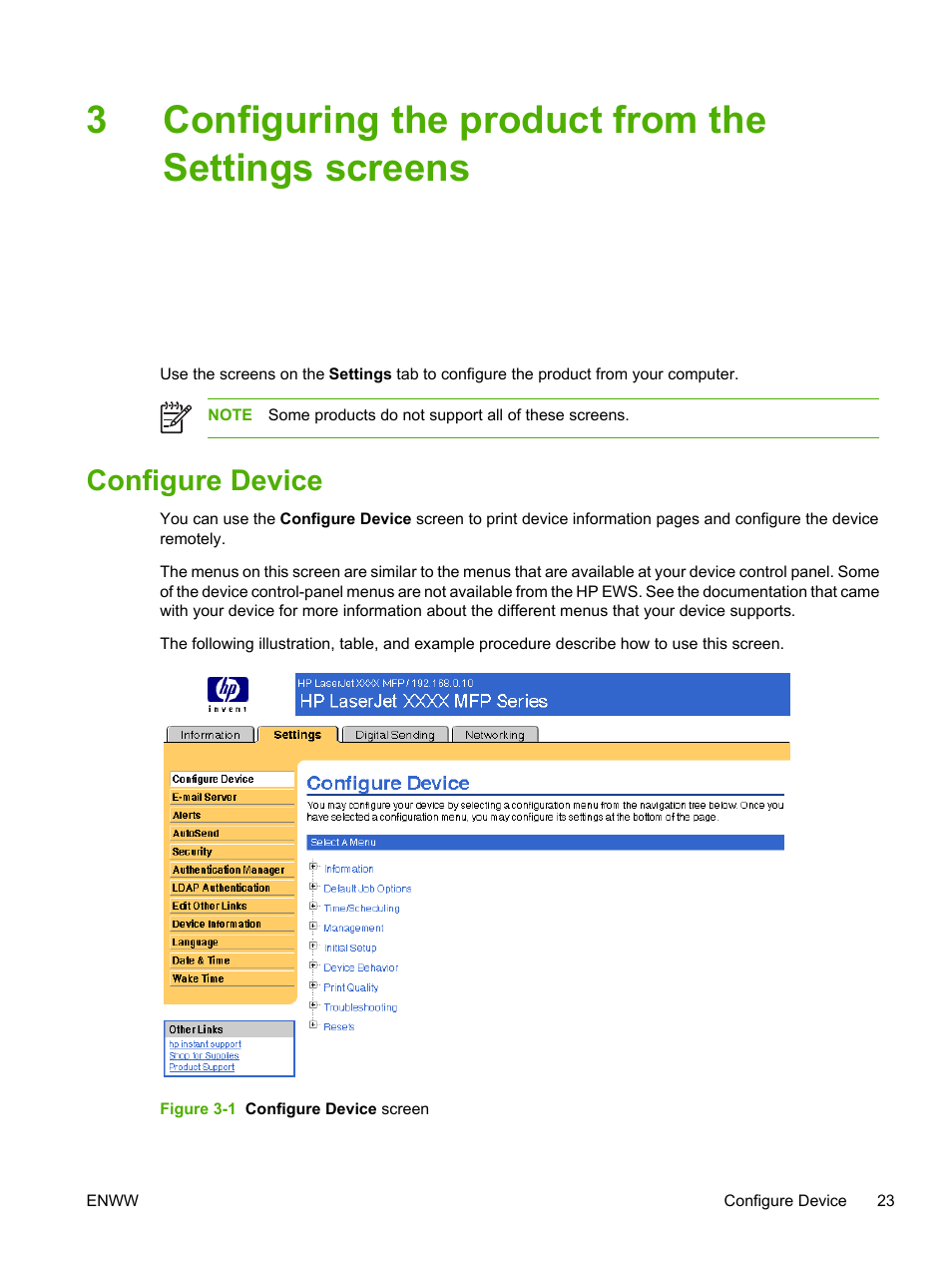 Configuring the product from the settings screens, Configure device, Figure 3-1 configure device screen | Configuring the product from the, Settings screens, Configuring the product from, The settings screens, 3configuring the product from the settings screens | HP LaserJet M4345 Multifunction Printer series User Manual | Page 33 / 102